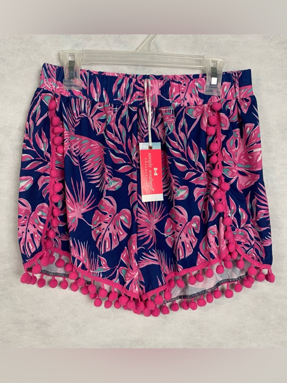 NWT Simply Southern Paradise Pom Pom Shorts S/M Navy Blue Pink Tropical Summer